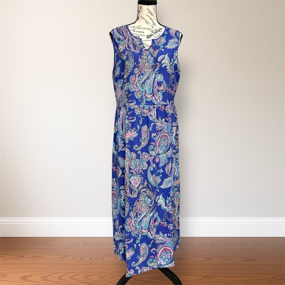 Talbots 16P Blue Paisley Maxi Dress Sleeveless V-Neck Flowy Boho Resort Travel - Picture 1 of 7